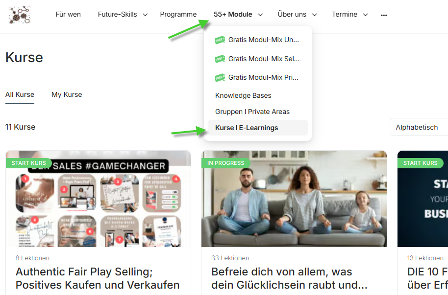 Screenshot einer Lernplattform mit Kursen und Modulen zur Weiterbildung.