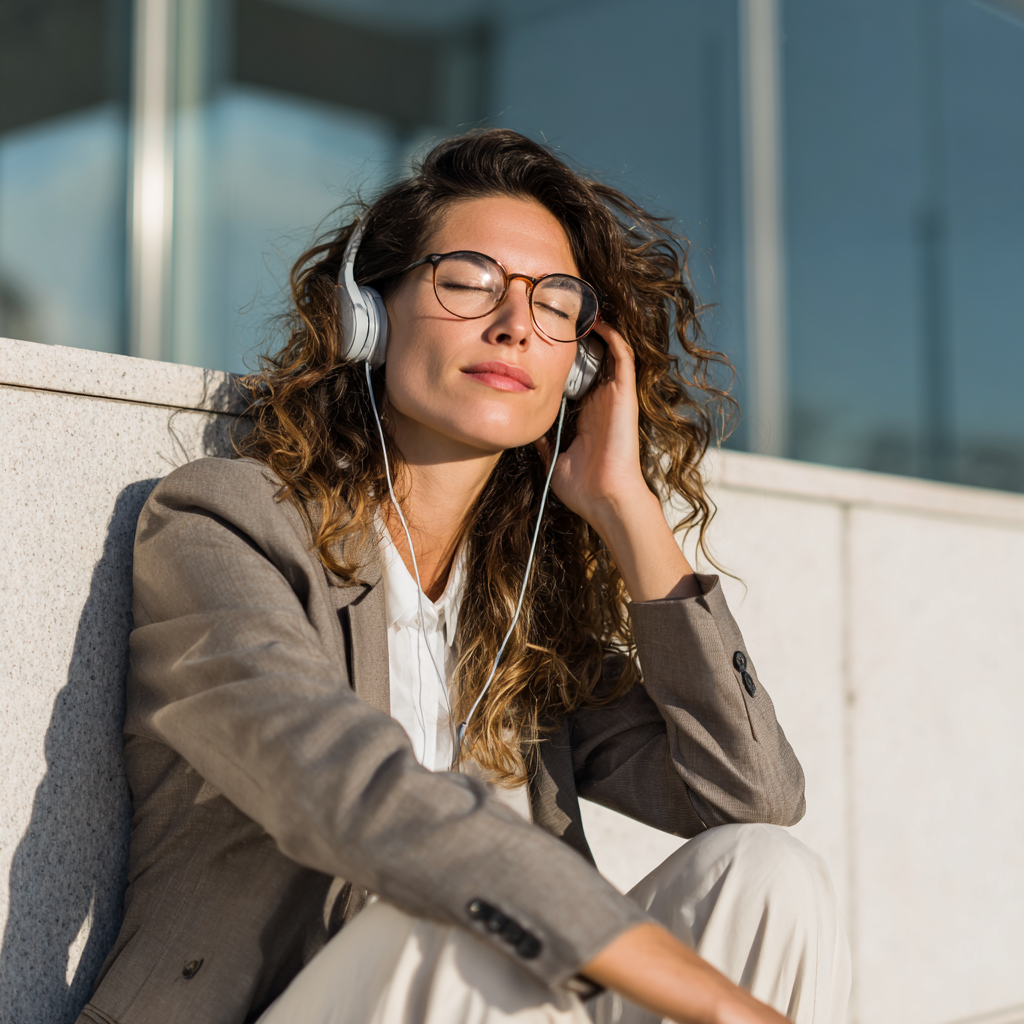 Junge Frau hört Audio mit Headset