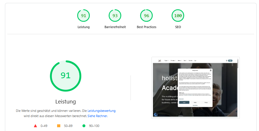 Leistungsbewertung mit Werten fĂŒr Leistung, Barrierefreiheit, Best Practices und SEO. Leistungsbewertung mit Werten fĂŒr Leistung, Barrierefreiheit, Best Practices und SEO.