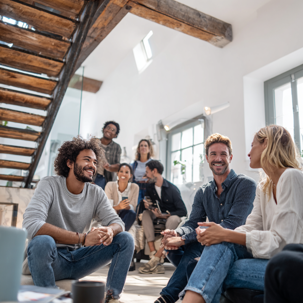 Eine Gruppe von Menschen in einem modernen Co-Working-Loft, die miteinander sprechen und interagieren.