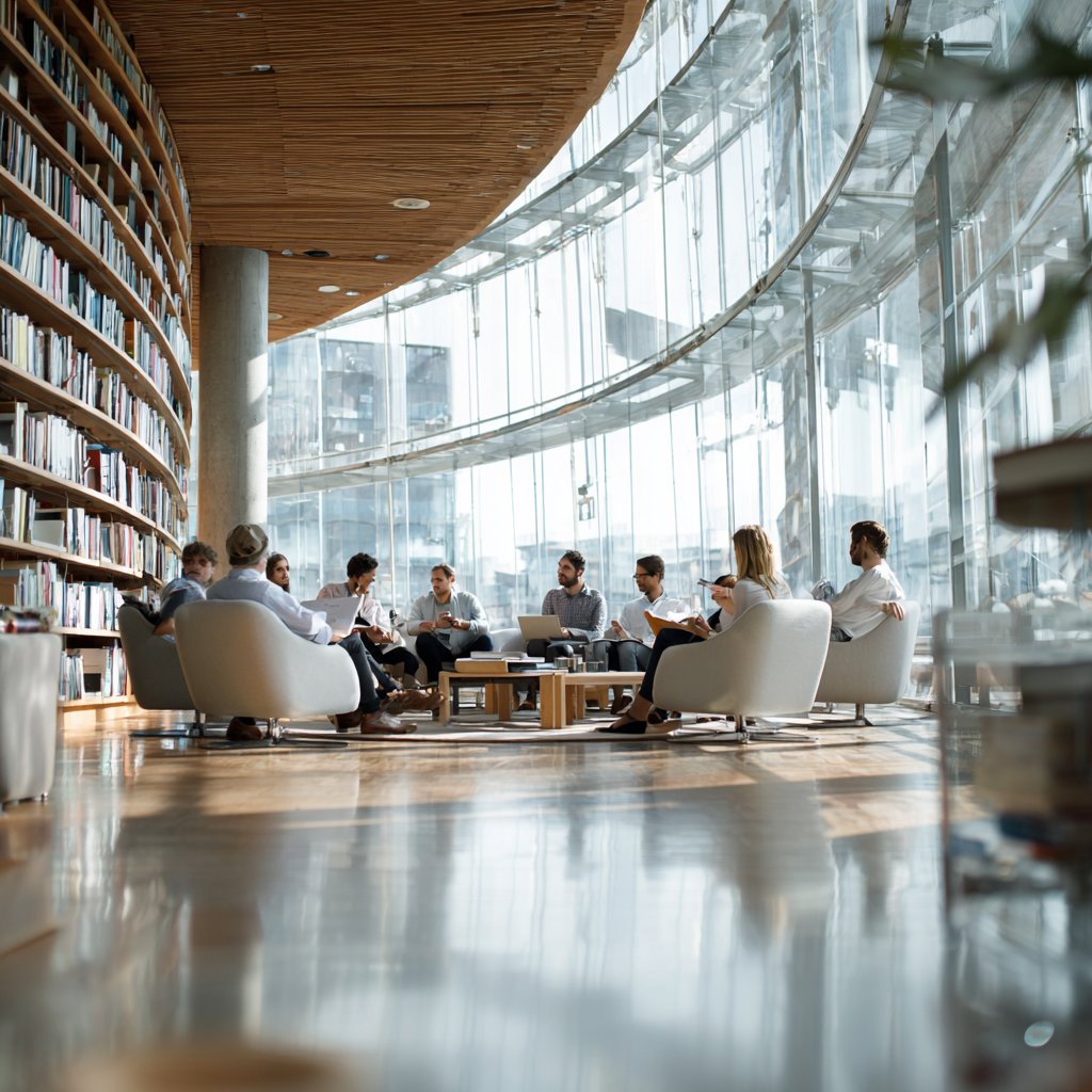 Eine Gruppe von Fachleuten sitzt in moderner Bibliothek und diskutiert in einem runden Sitzbereich.