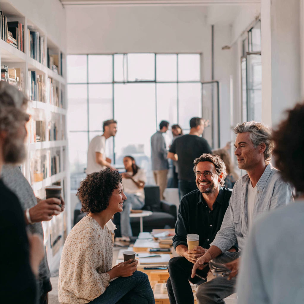 Eine Gruppe von Menschen im Co-Working Loft Akademie vitalvita, die miteinander sprechen und interagieren.