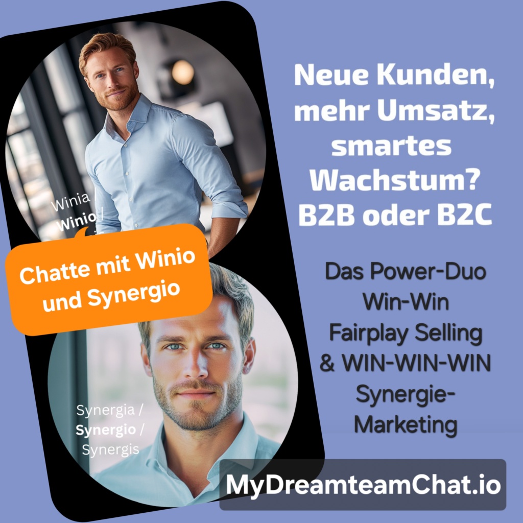 Das Duo Winio und Synergio des MyDreamteamChat für neue Kunden, mehr Umsatz und smartes Wachstum b2b oder b2c.