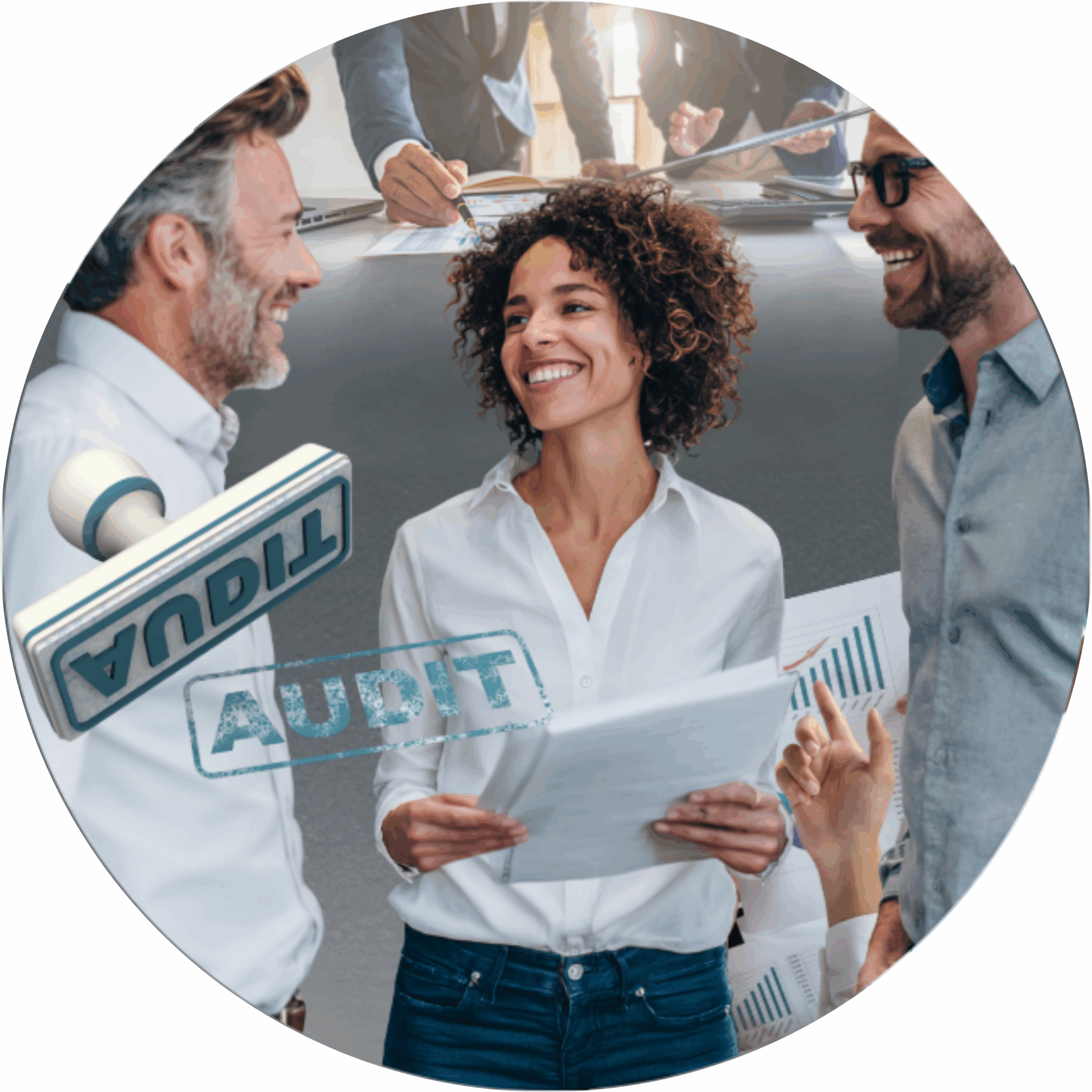 Drei Personen in einem Meeting, die über ein Audit diskutieren und Dokumente halten.