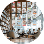 Eine Sammlung von Informationsmaterialien hängt in einem Co-Working-Space mit mehreren Personen, die an einem Tisch sitzen.
