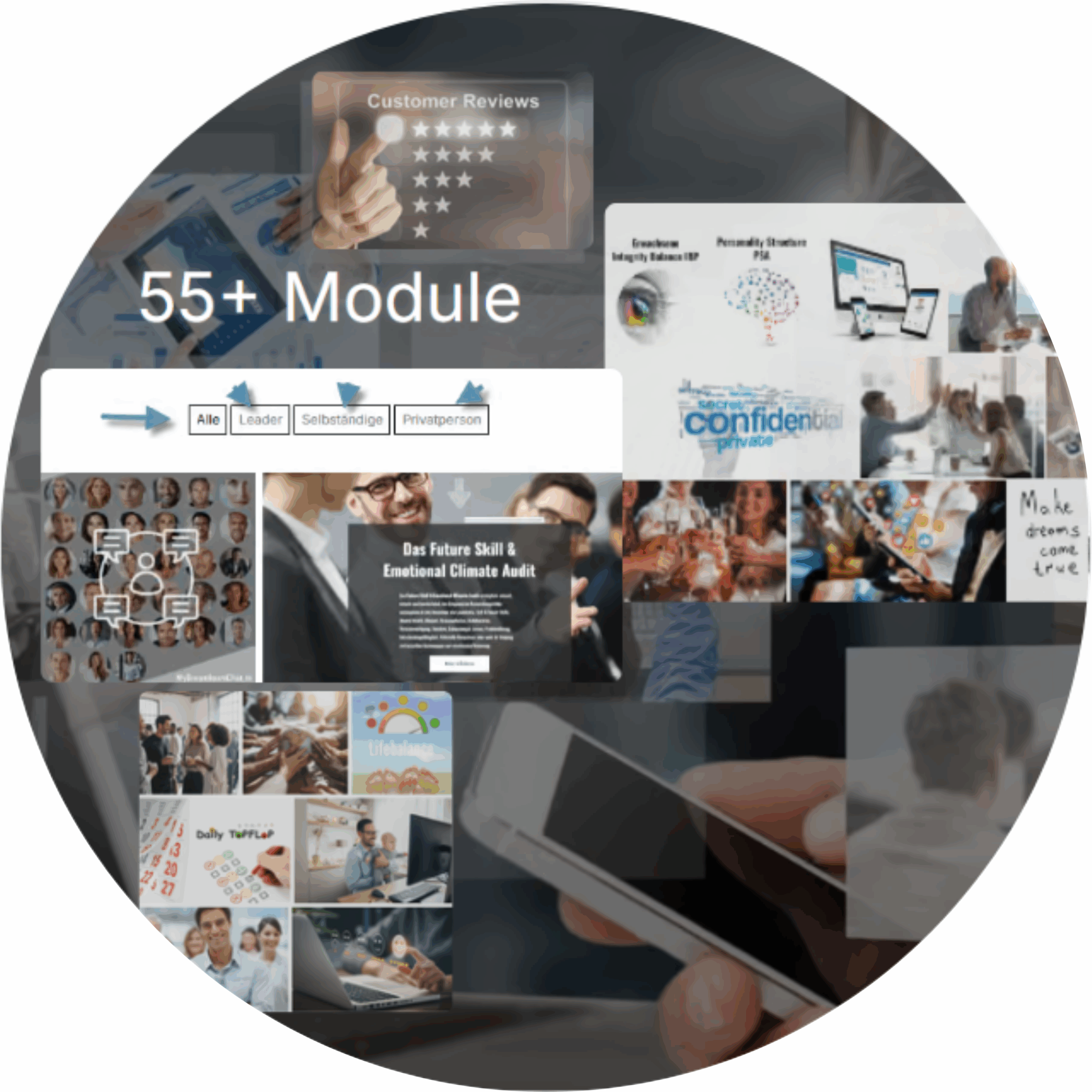 Grafik mit dem Titel '55+ Modul', die verschiedene Bilder und Texte zu Kundenbewertungen und Schulungen zeigt.