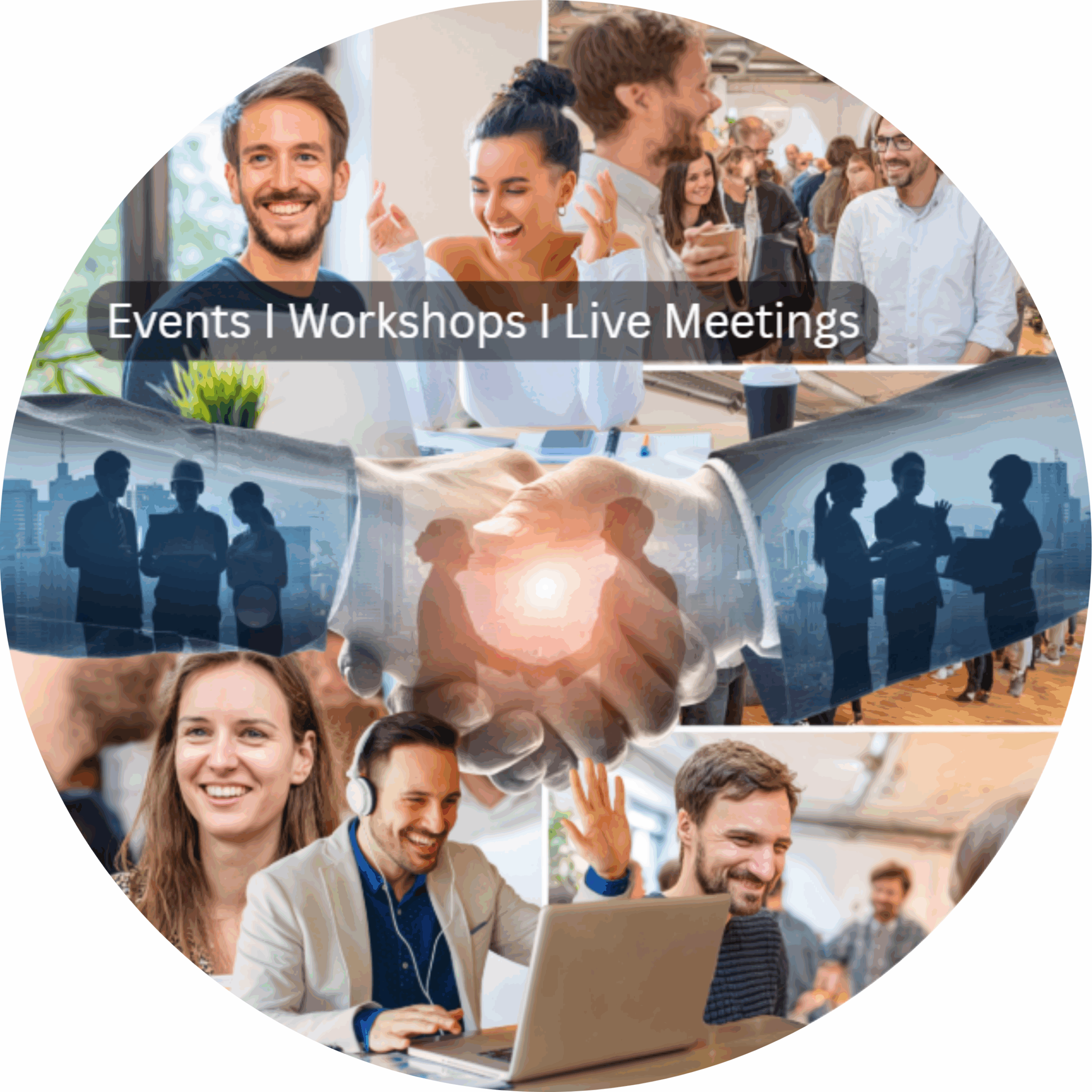 Kollage von Bildern, die Menschen bei Veranstaltungen, Workshops und Meetings zeigt, mit einem Handschlag im Vordergrund.