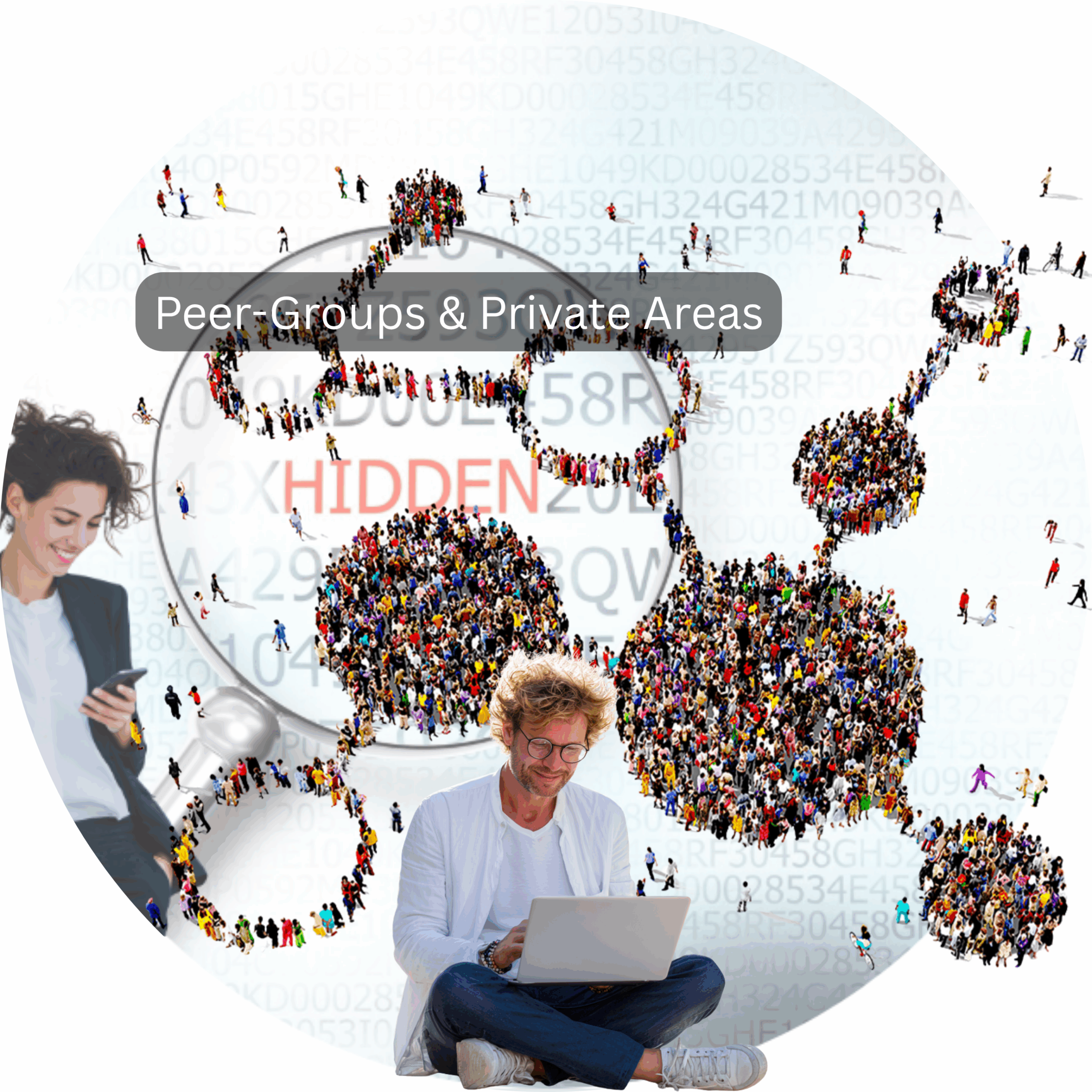 Grafik mit Menschen, die in Gruppen zusammenstehen, und einer Person, die am Laptop arbeitet.