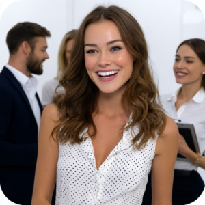 Lächelnde Frau mit braunen Haaren und einem gepunkteten Hemd, umgeben von einer Gruppe von Geschäftspersonen im Hintergrund.